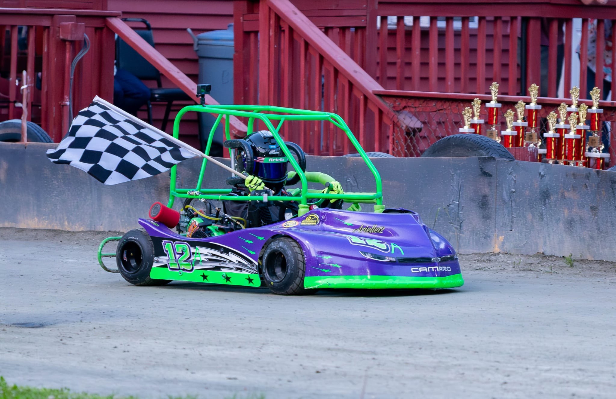 Flat kart with checkered flag with a full Nitro Kart Wraps wrap